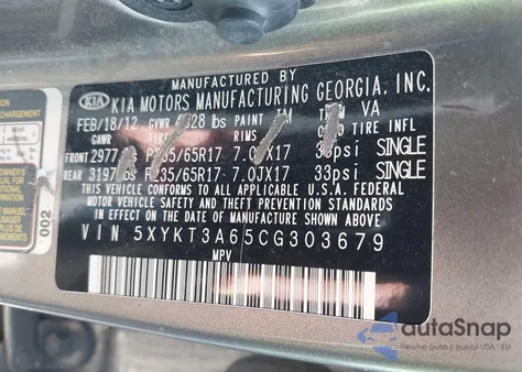 2012 Kia Sorento Lx z USA, uszkodzony, nr VIN 5XYKT3A65CG303679